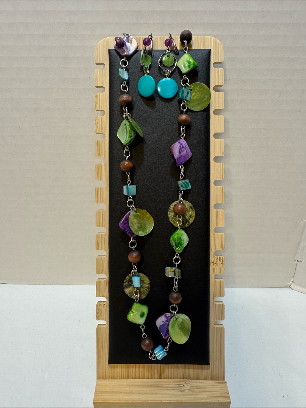 Green, Purple and Blue Beaded Long Necklace and Earrings